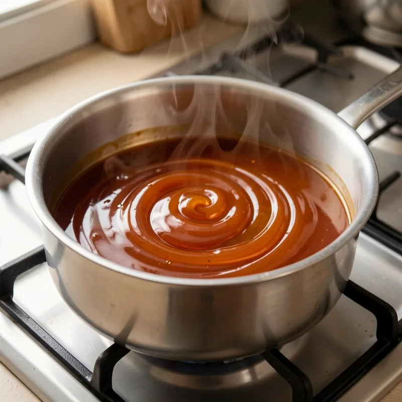 Caramel ambré en fin de cuisson dans une casserole en inox, tourné sans cuillère