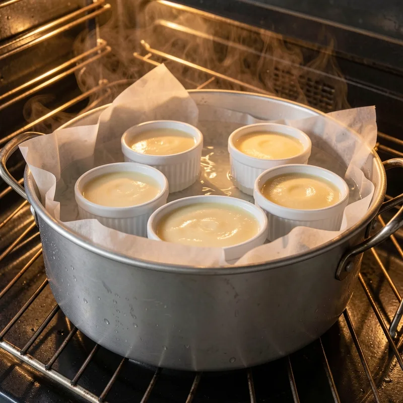 Ramequins remplis d&rsquo;appareil à crème caramel dans un plat rempli d&rsquo;eau chaude, prêts pour le four