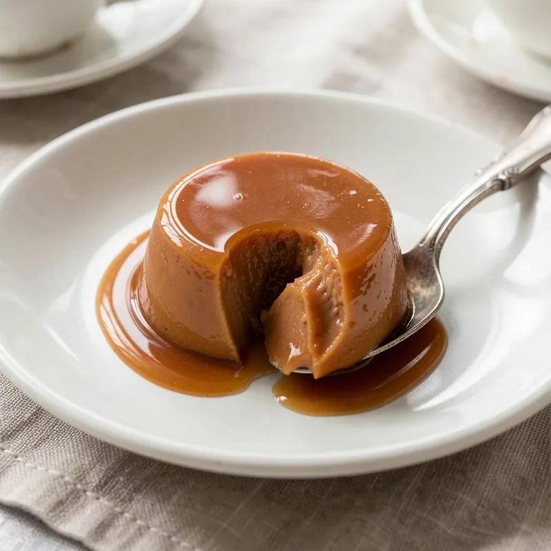 Portion individuelle de crème caramel démoulée et entamée à la cuillère, sauce au caramel autour