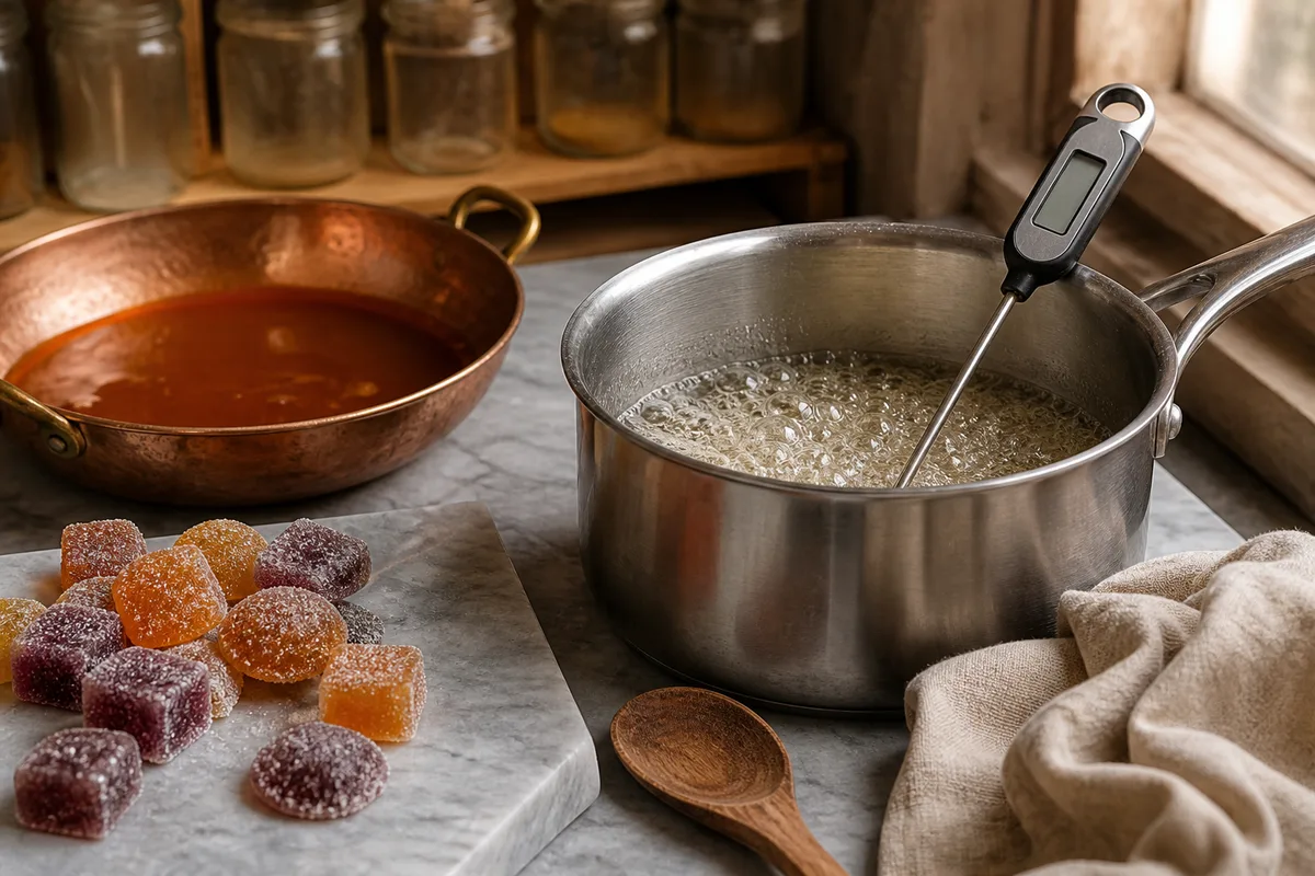 Sirop de sucre en cuisson dans une casserole en inox avec un thermomètre à sonde plongé dedans