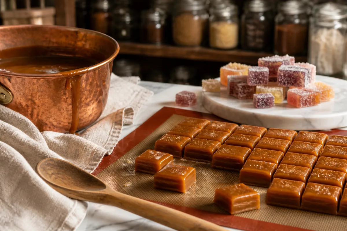 Caramels mous coupés en carrés sur un tapis en silicone, prêts à être emballés