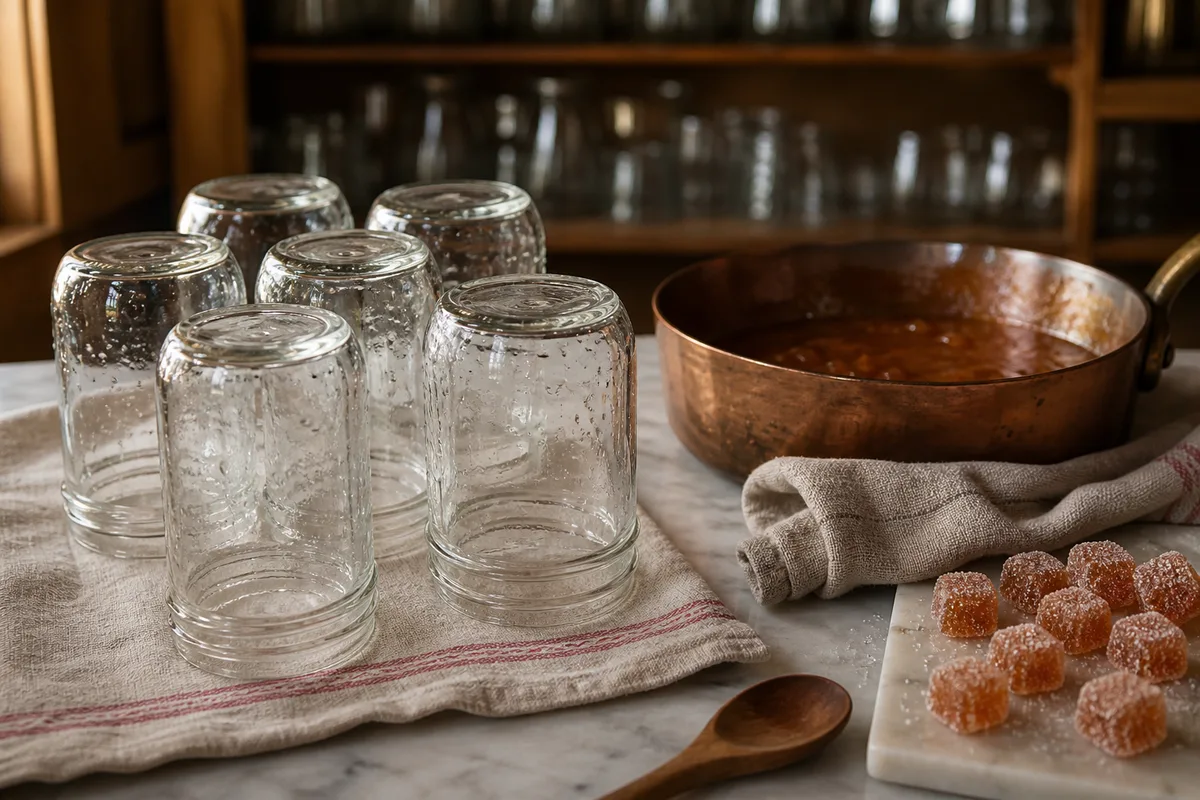 Pots en verre ébouillantés et retournés à égoutter sur un torchon propre