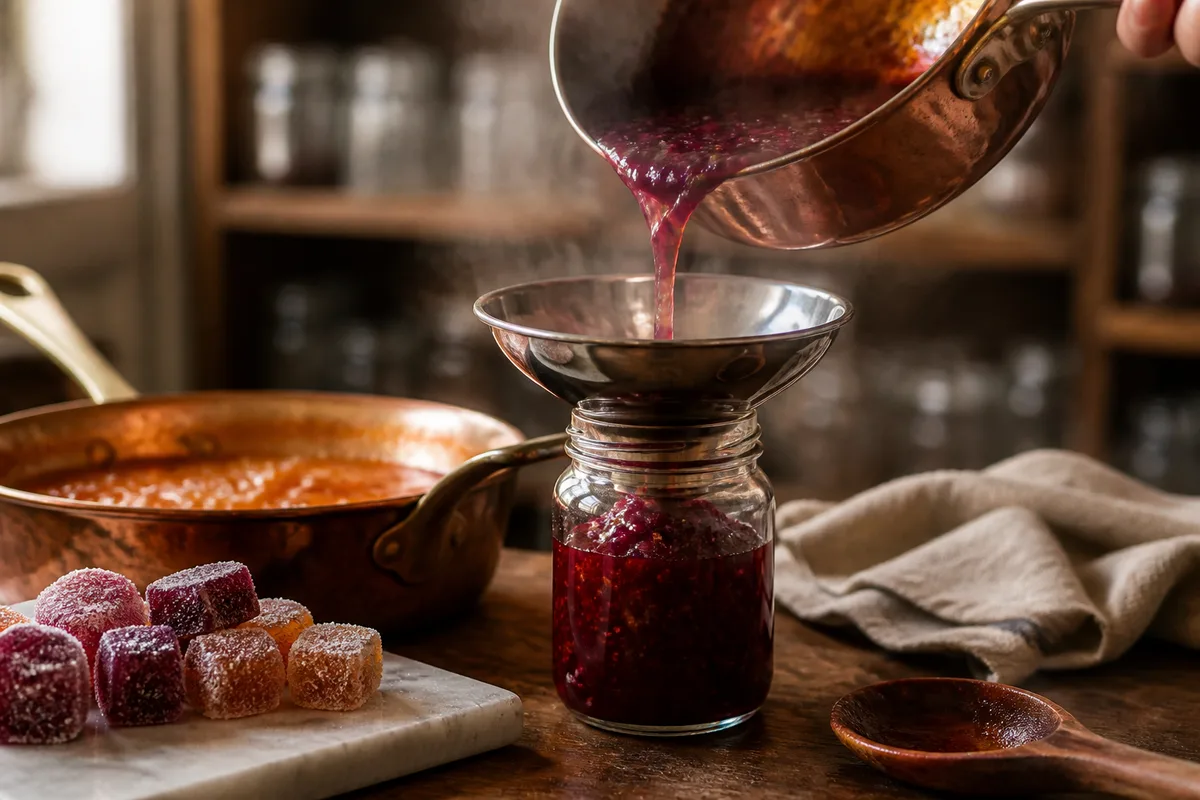 Remplissage d&rsquo;un pot à confiture bouillante à l&rsquo;aide d&rsquo;un entonnoir à large col