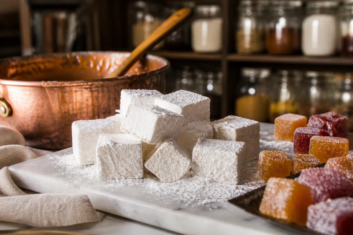 Cubes de guimauve maison roulés dans un mélange de sucre glace et de fécule