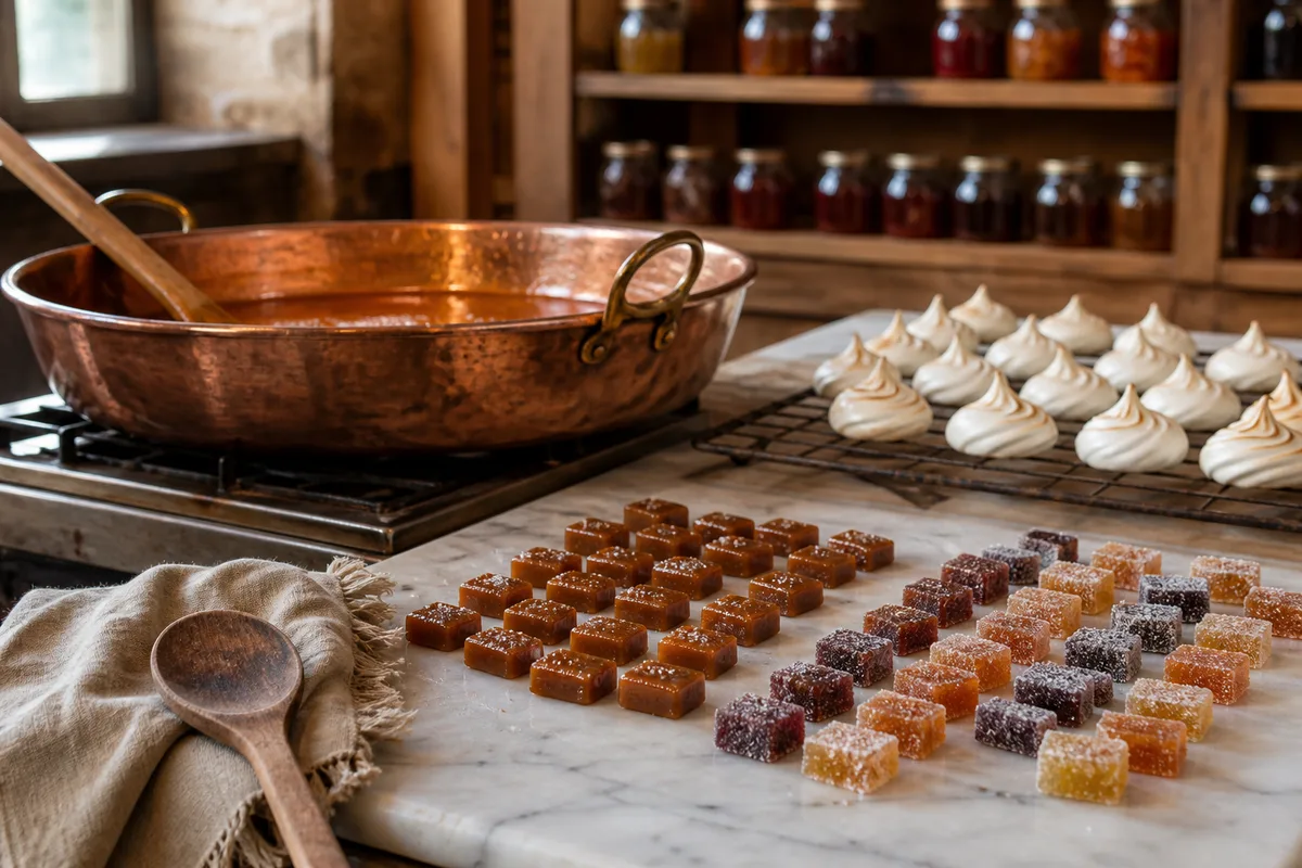 Vitrine de confiserie garnie de caramels, papillotes et sucettes sous un auvent rayé