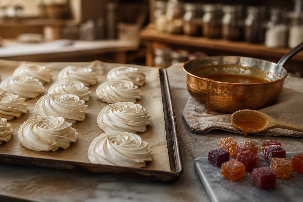 Meringue française dressée en rosaces sur une plaque recouverte de papier cuisson