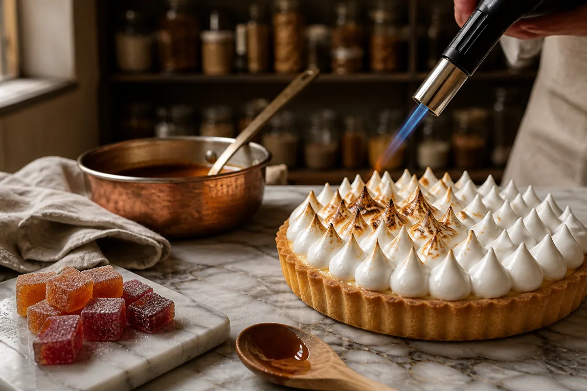 Meringue italienne brillante dressée sur une tarte et colorée au chalumeau