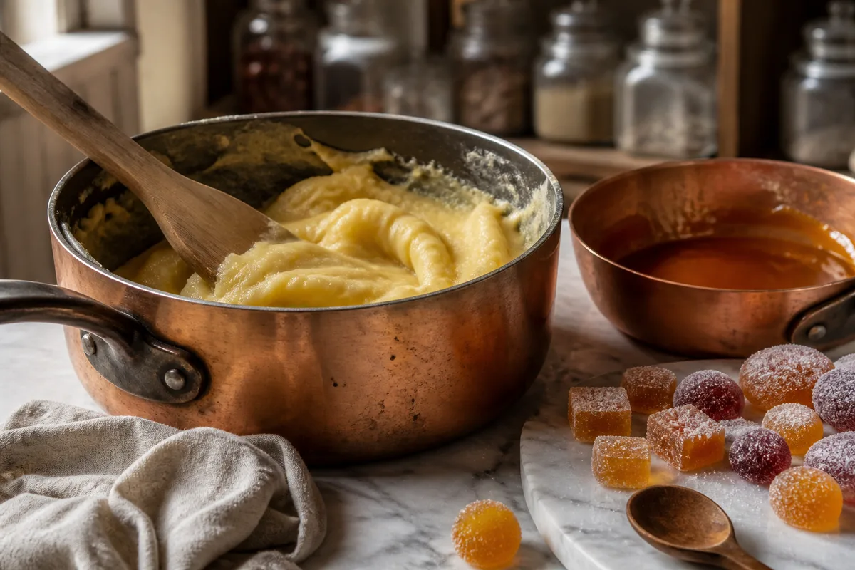 Panade de pâte à choux desséchée dans une casserole avec une spatule en bois