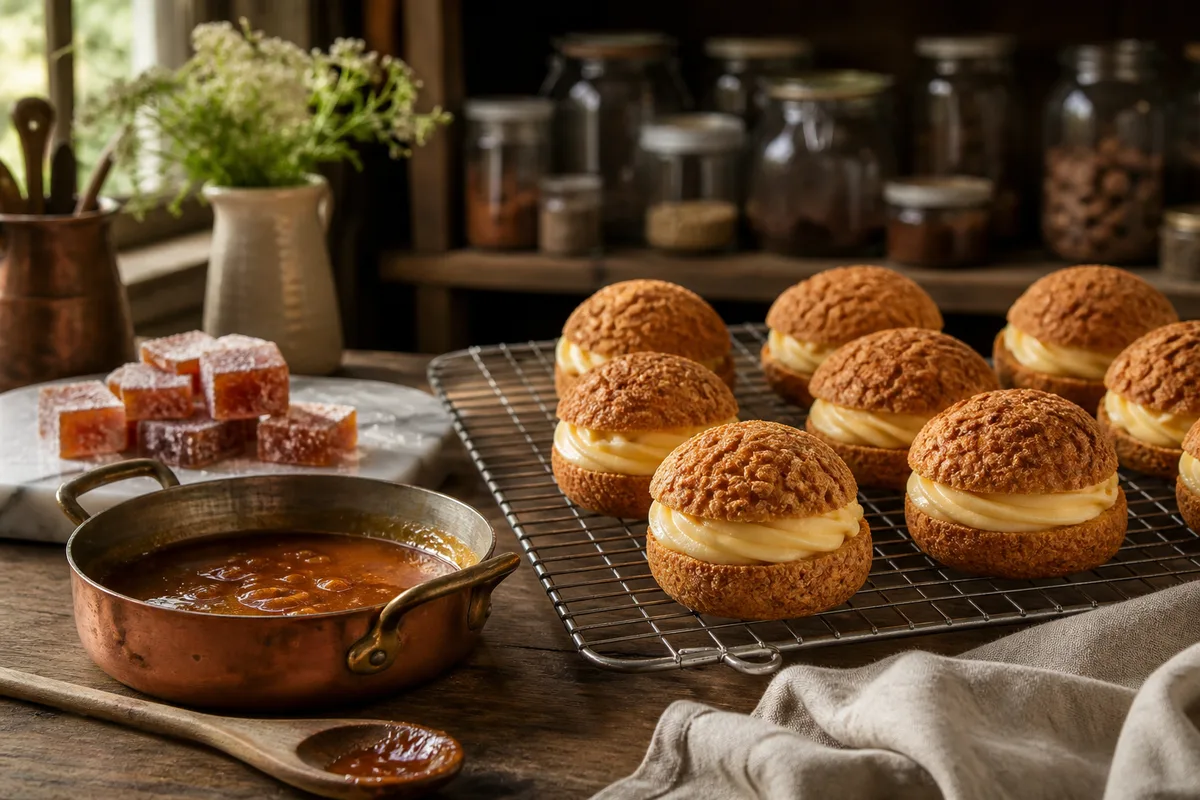Choux garnis de crème pâtissière recouverts d&rsquo;un craquelin doré sur une grille