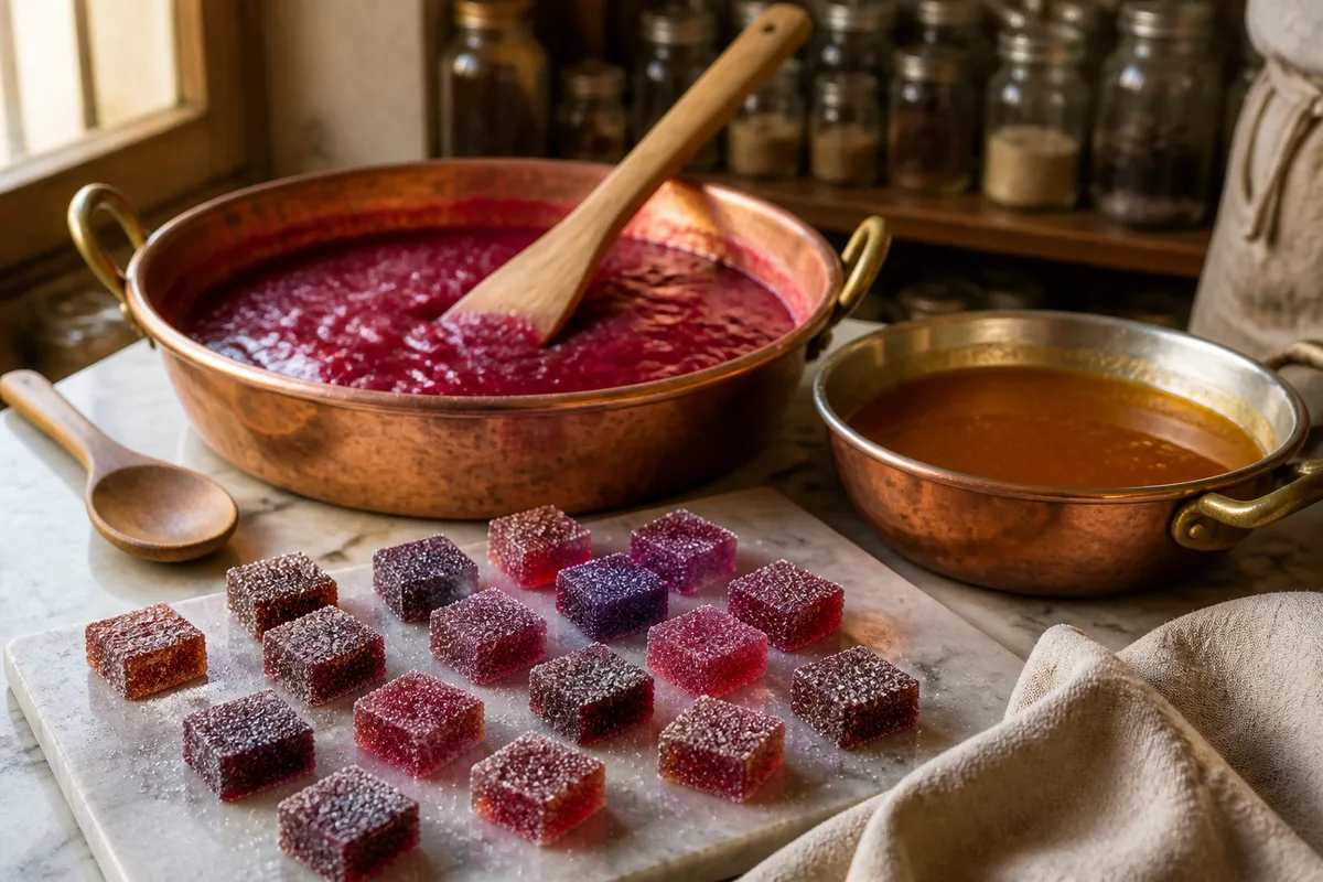 Purée de fruits rouges en cuisson dans une bassine en cuivre avec une spatule en bois