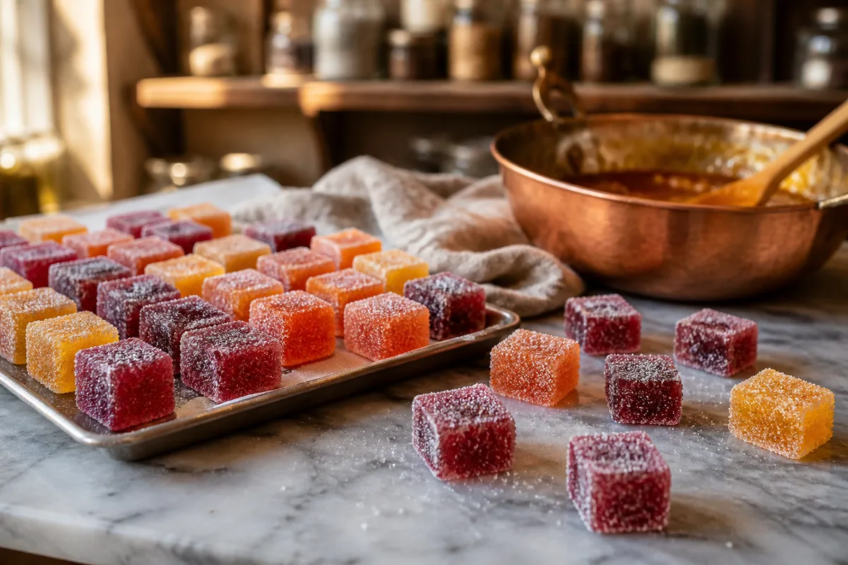 Pâtes de fruits découpées en cubes et roulées dans du sucre cristal sur une plaque