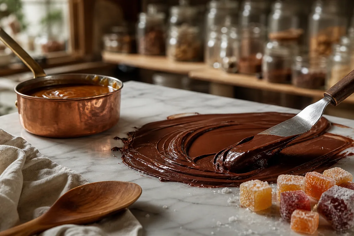 Chocolat noir fondu travaillé à la spatule sur un plan de travail en marbre