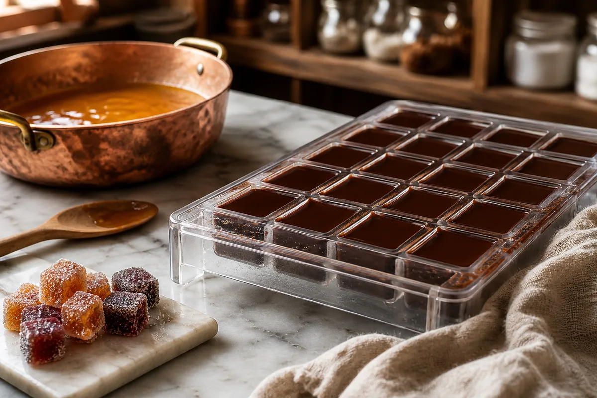 Moule en polycarbonate rempli de chocolat tempéré, prêt à être vibré et raclé